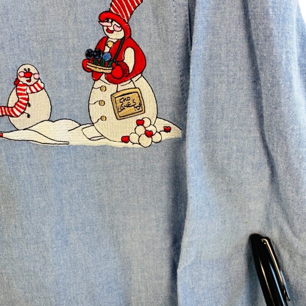 Vtg Christmas Snowman Shirt Chambray Denim Holiday Button Down Top S Festive - Picture 7 of 11